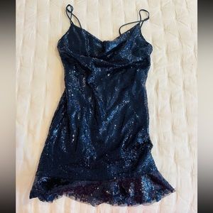 Lucy in the Sky- Josie Iridescent Sequin Slip Dress in Navy